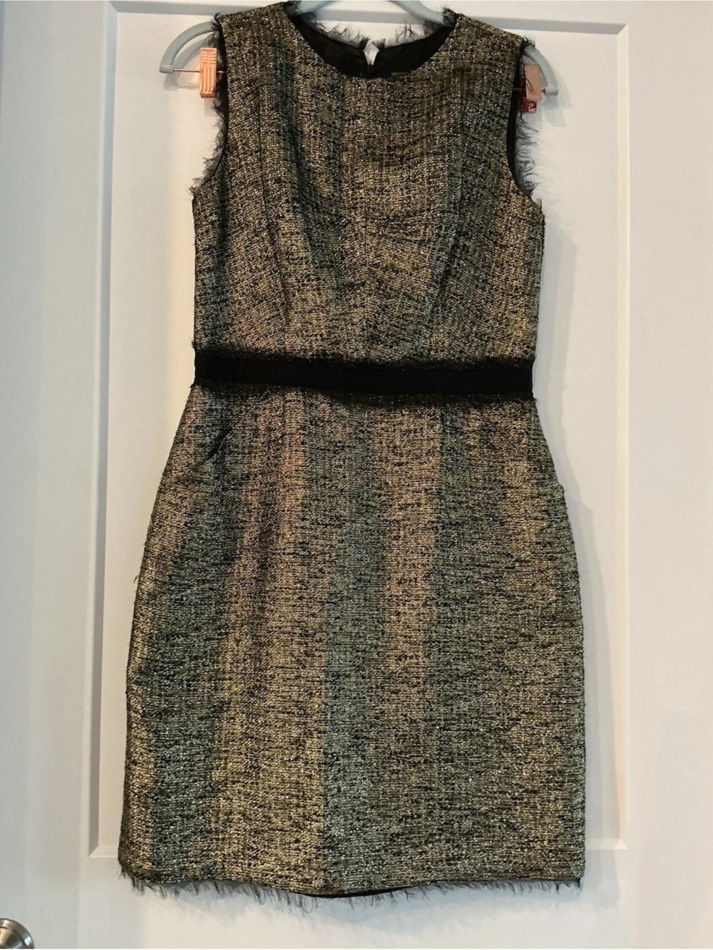 Milly Metallic Tweed Sheath Dress in Black and Gold, eyelash trim, size 8